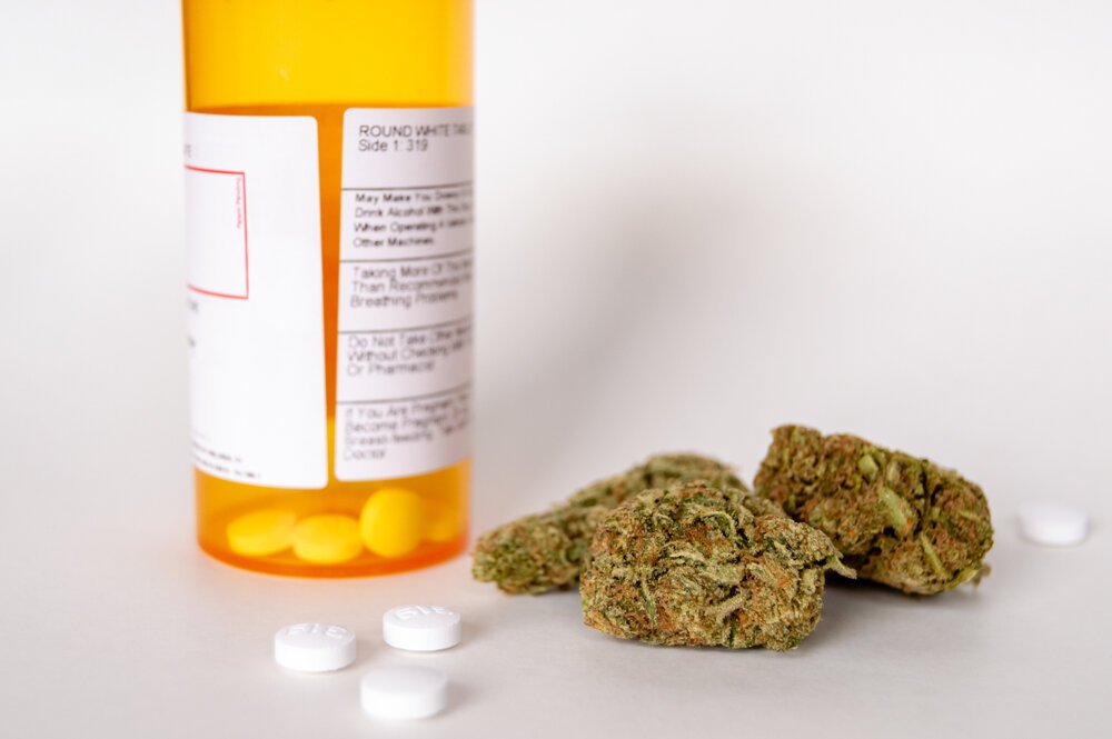 Cannabis for Pain Management. Cannabis Marijuana Flowers And Prescription Opioid Pills With Bottle.