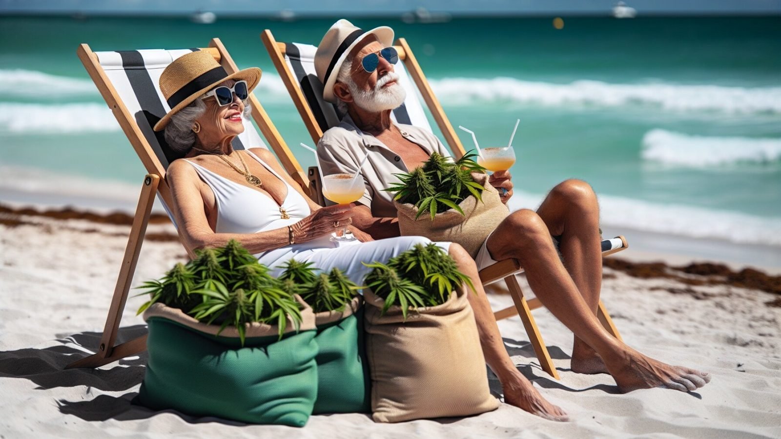 Cannabis for Seniors. Outdoor Photo Of Senor Couple With Sunglasses Straw Hats And weed.