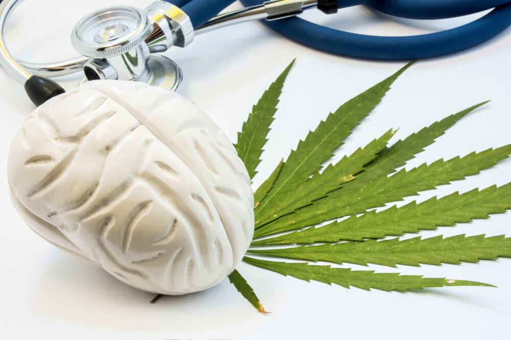 Cannabis and Mental Health. Brain with a marijuana leaf.