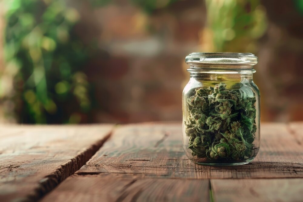Cannabis mind body connection. Medical Cannabis Buds In A Glass Jar.